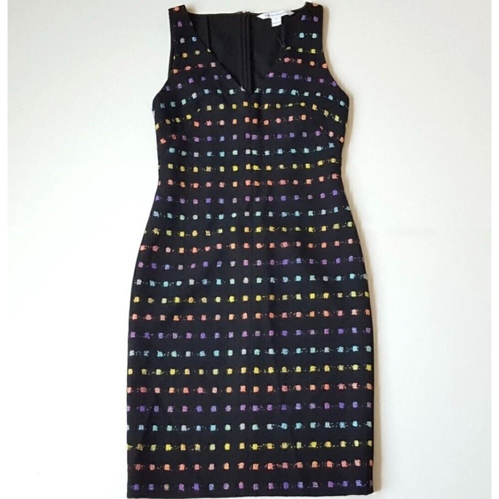 Diane von Furstenberg Sz 2 Black Tweed Boucle Sheath Pencil Dress V Neck Rainbow